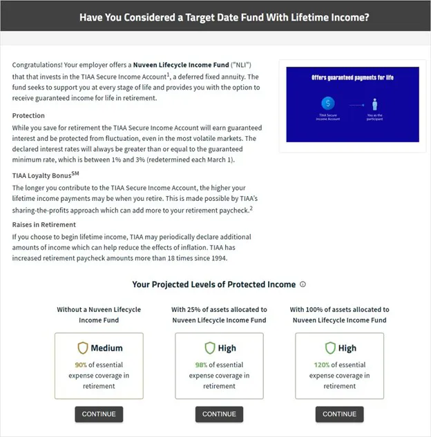 Screen capture: "Congratulations! Your employer ofers a Nuveen Lifecycle Income Fund!" and additional details as displayed in the iJoin interface.