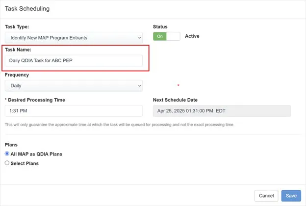 Screen capture of the iJoin Task Scheduling UI, with the "task name" field highlighted, saying "Daily QDIA Task for ABC PEP"
