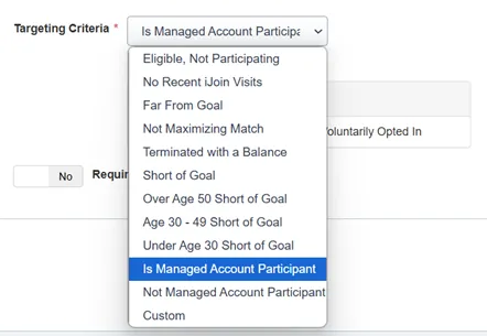 Screenshot of iJoin's "Targeting Criteria" drop-down menu options